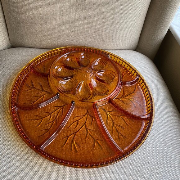 Vintage 13" Amber Indiana Glass Tree of Life deviled egg relish Tray - Picture 2 of 5